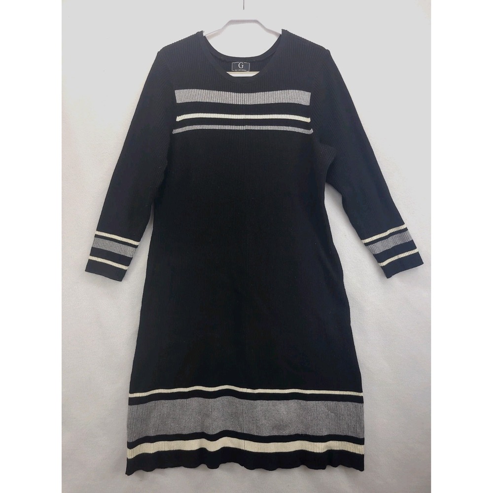 G by Giuliana Striped Sweater Dress 2X Ribbed Knit A-Line Black Combo